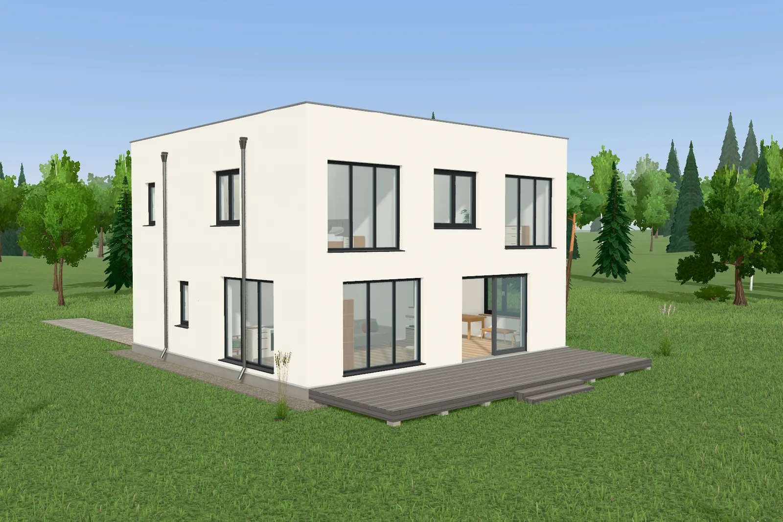 3D-модель в Genplanner: Двухэтажный дом-куб 10 × 10 м с плоской крышей — 3 спальни