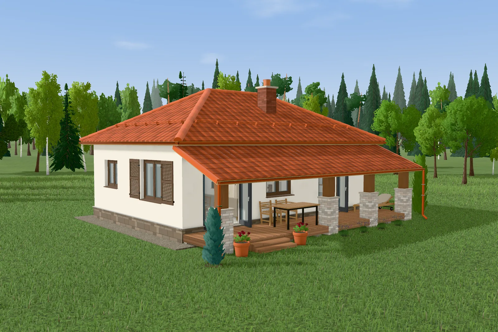 3D-модель в Genplanner: Средиземноморский дом 7 × 10 м с террасой и камином — 2 спальни