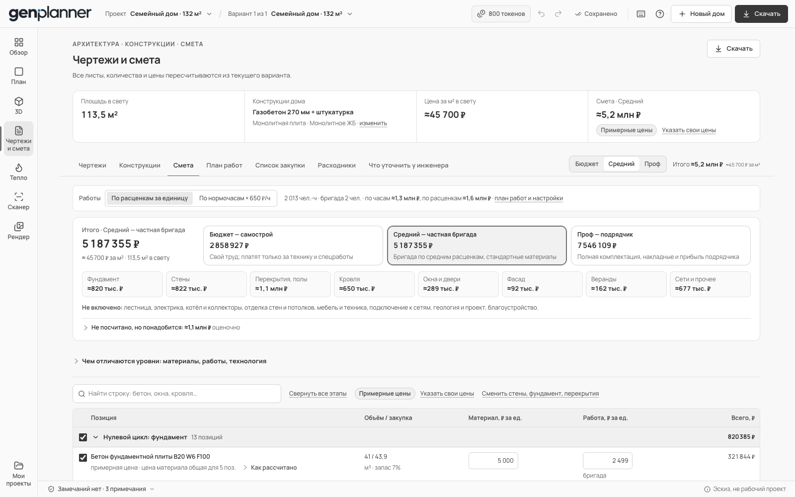 Настоящая смета по модели дома с количеством материалов и ценами